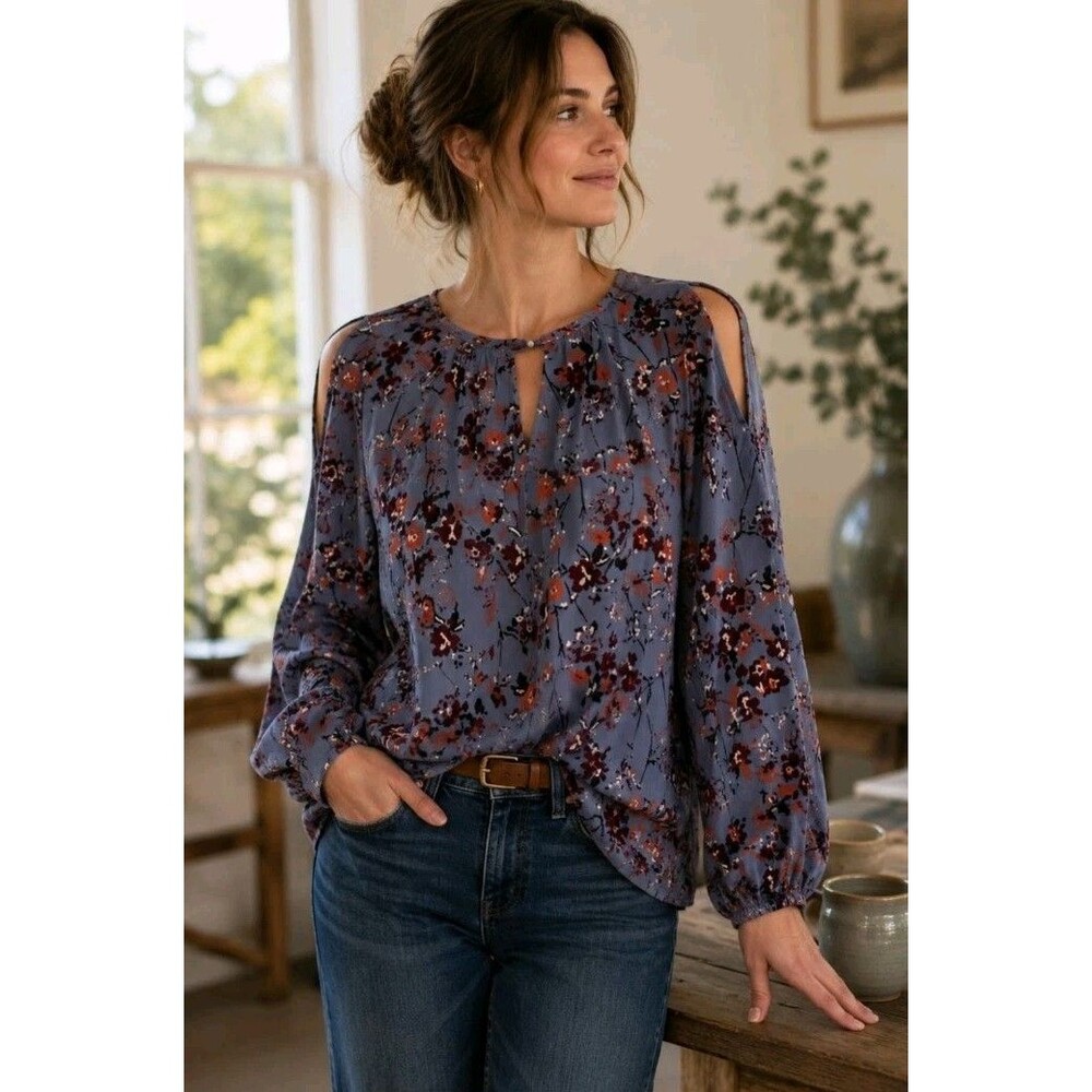 Abercrombie Slate Blue Floral Cold Shoulder Blouse Women's Small Boho Fall Top - Picture 1 of 10